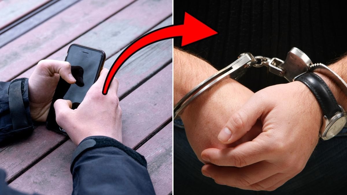 Man med en mobil och en person som har handbojor på sig.