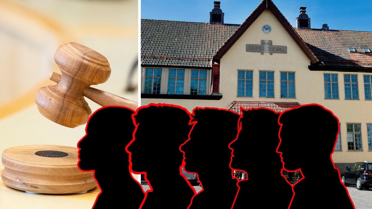 Domstolsklubba till vänster. Lundsbergs lokal till höger. Fem siluetter på män över bilderna. 