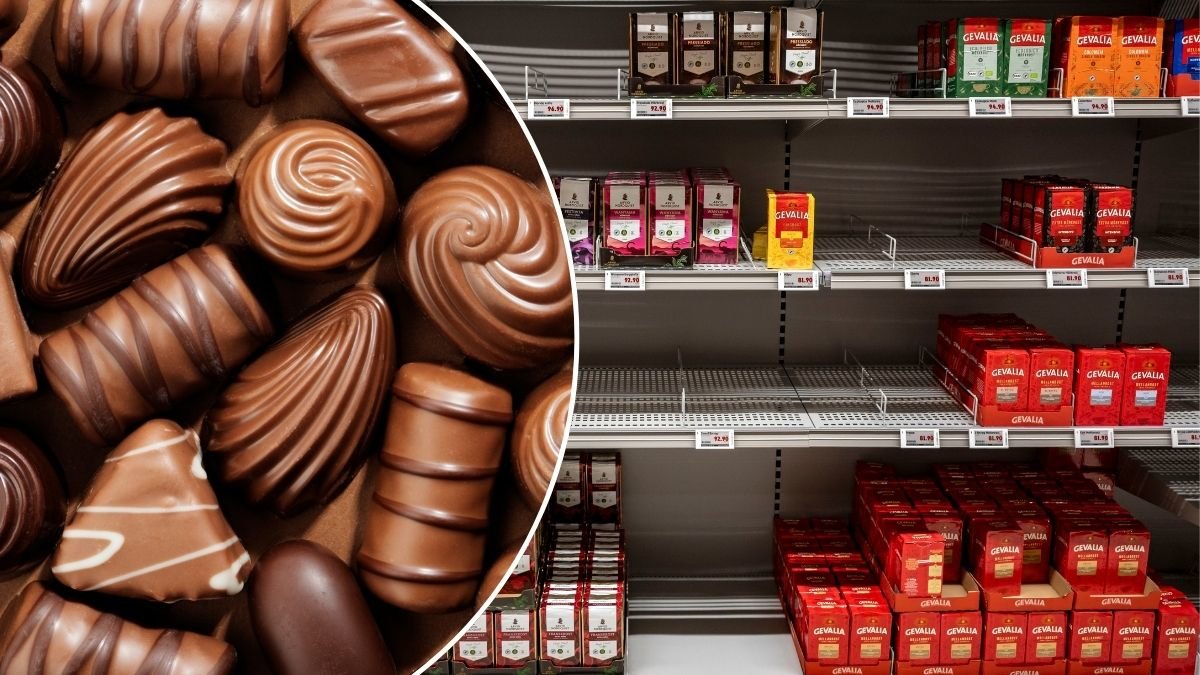 Bilder på chokladpraliner och kaffepaket.