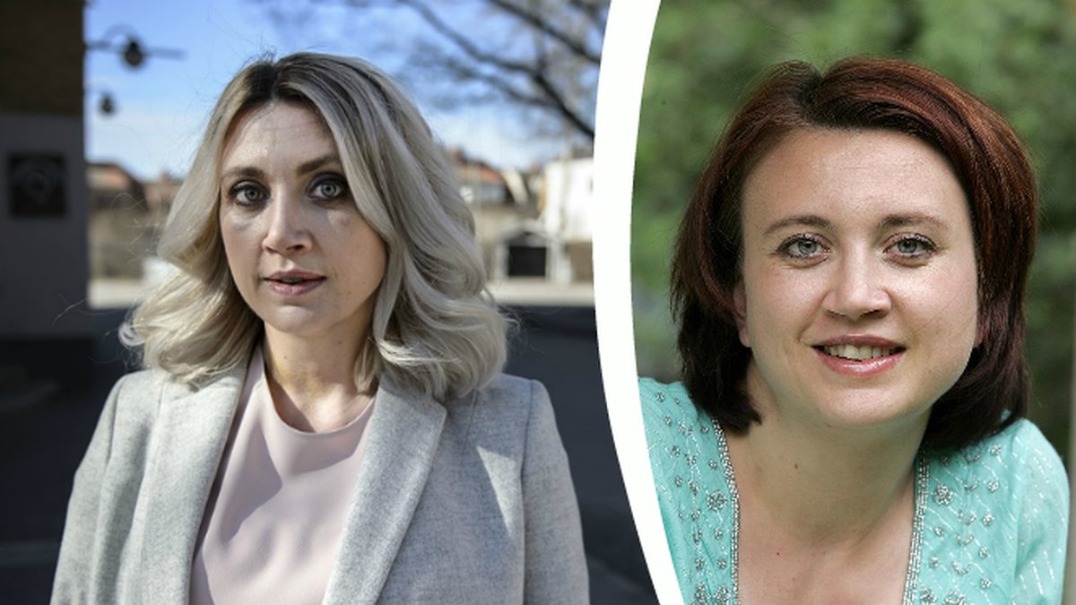 CamillaLäckberg i ljust hår. Läckberg i mörkt kort hår.