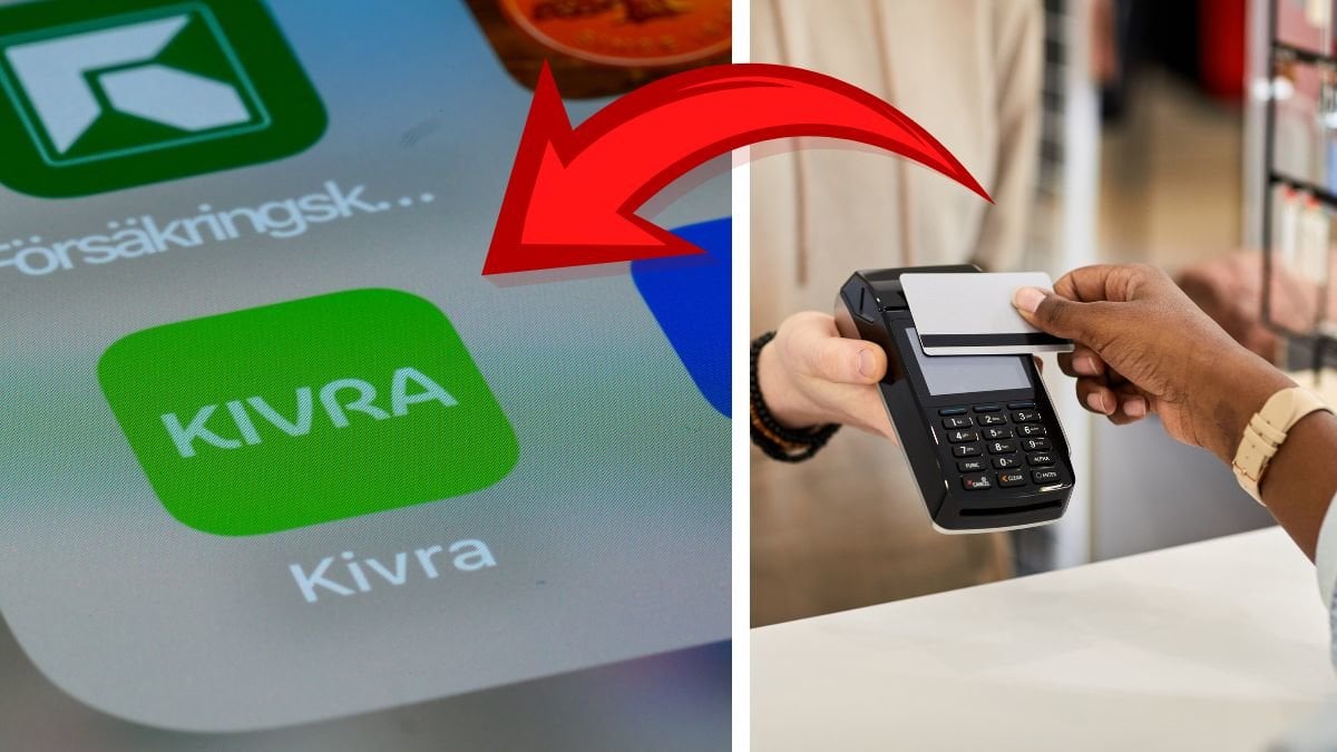 Kivra app-ikon vänster. Peson betalar med kort höger.