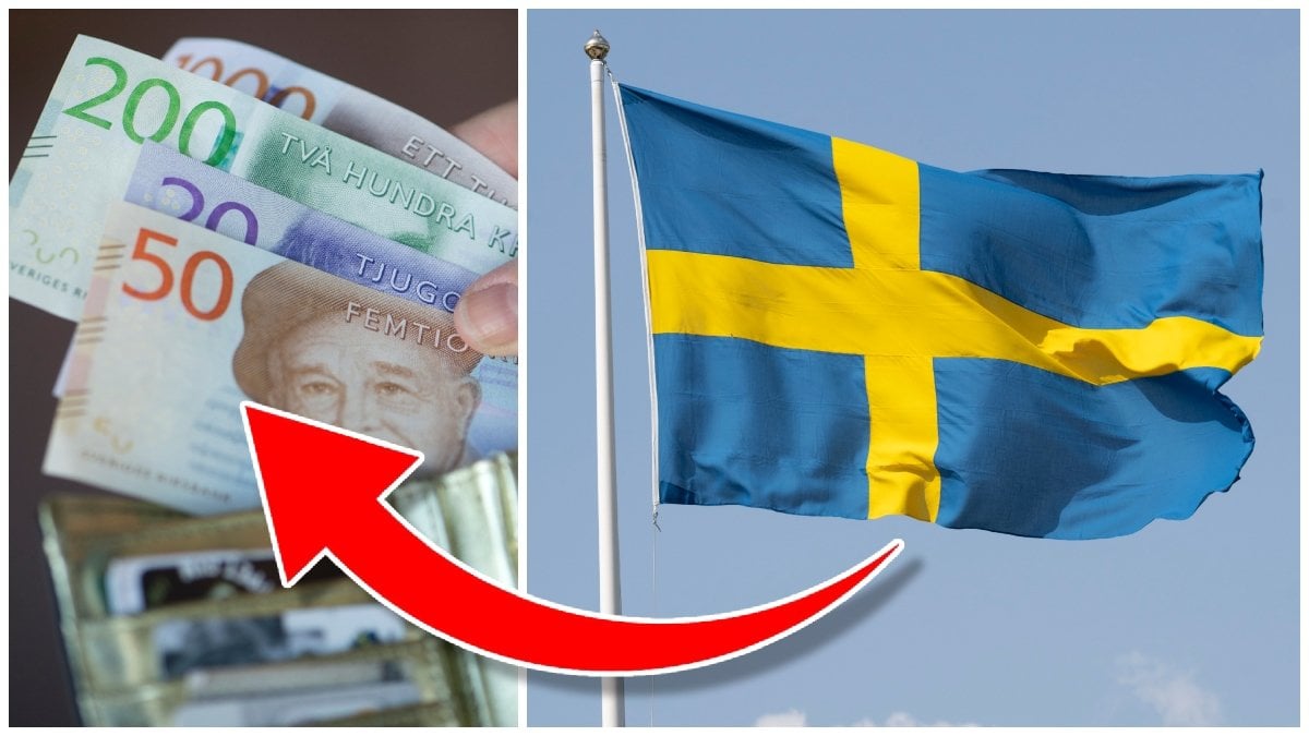 Svenska sedlar i en plånbok och en hissad Sverige-flagga