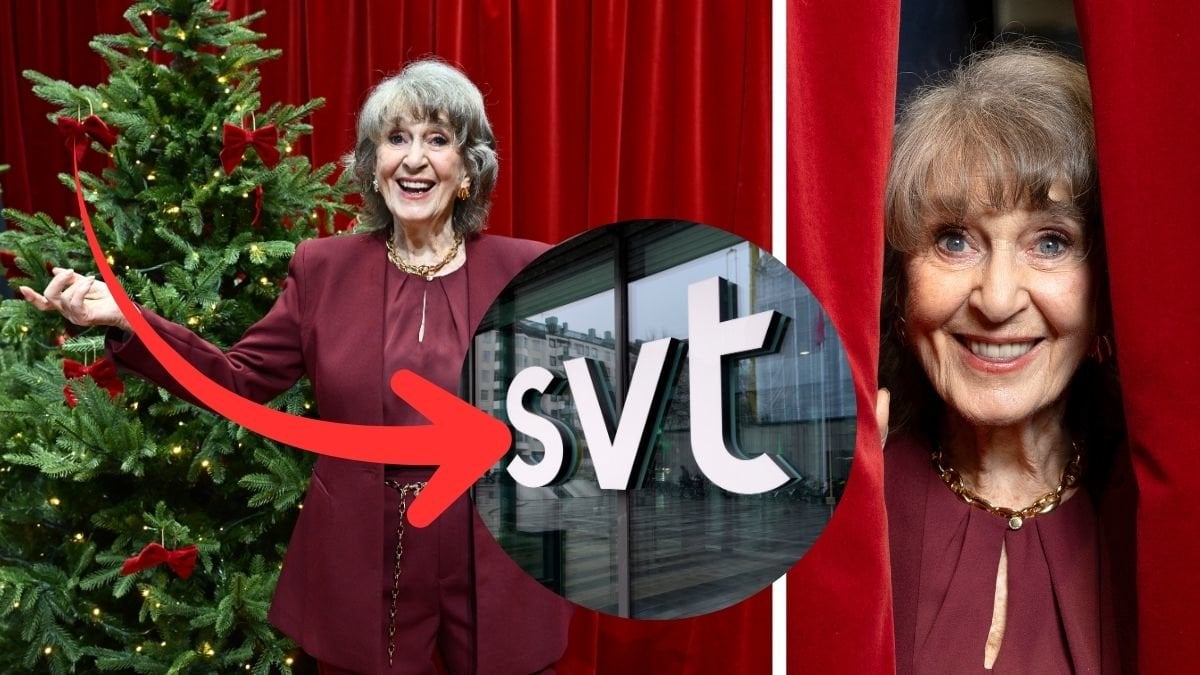 Siw Malmkvist bredvid en julgran och SVT:s logga