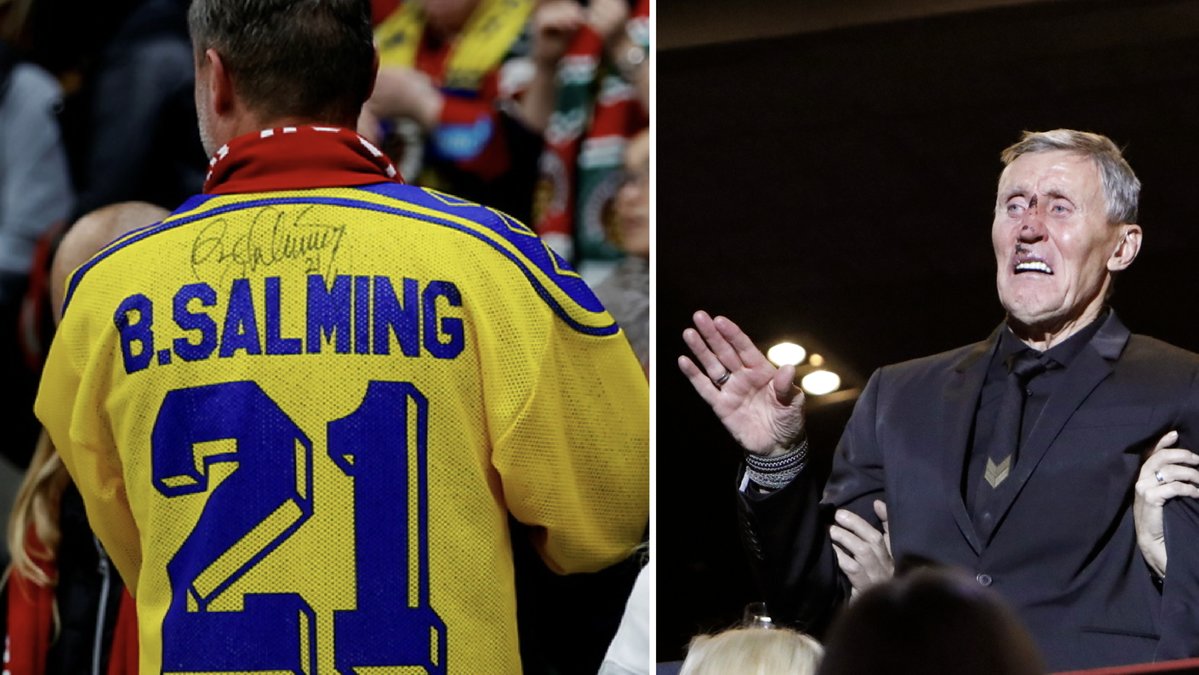 Supporter med Börje Salming-tröja vid SHL-matchen mellan Frölunda och Linköping där hockeylegenden hyllades. 