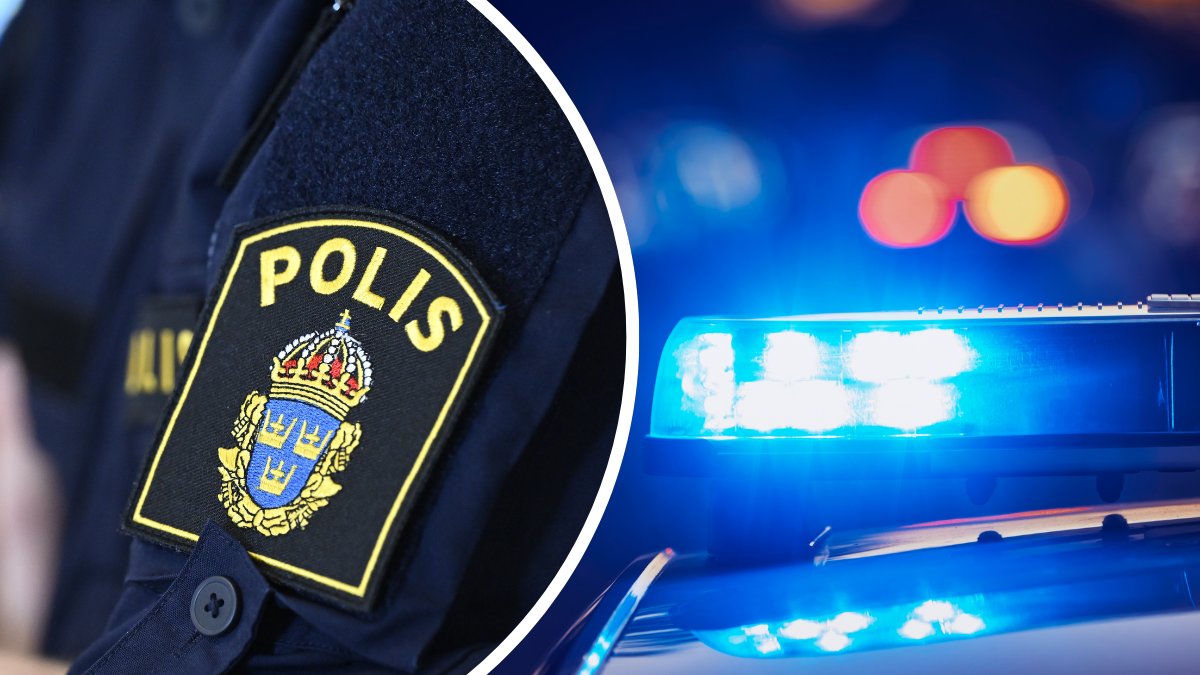 Polisemblem på en arm vänster. Blåljus höger.