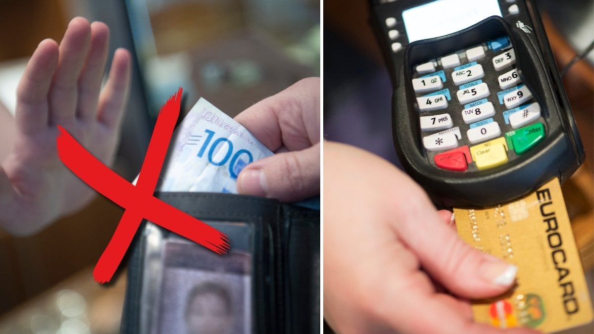 En person försöker betala med kontanter och en kortläsare med ett kort.
