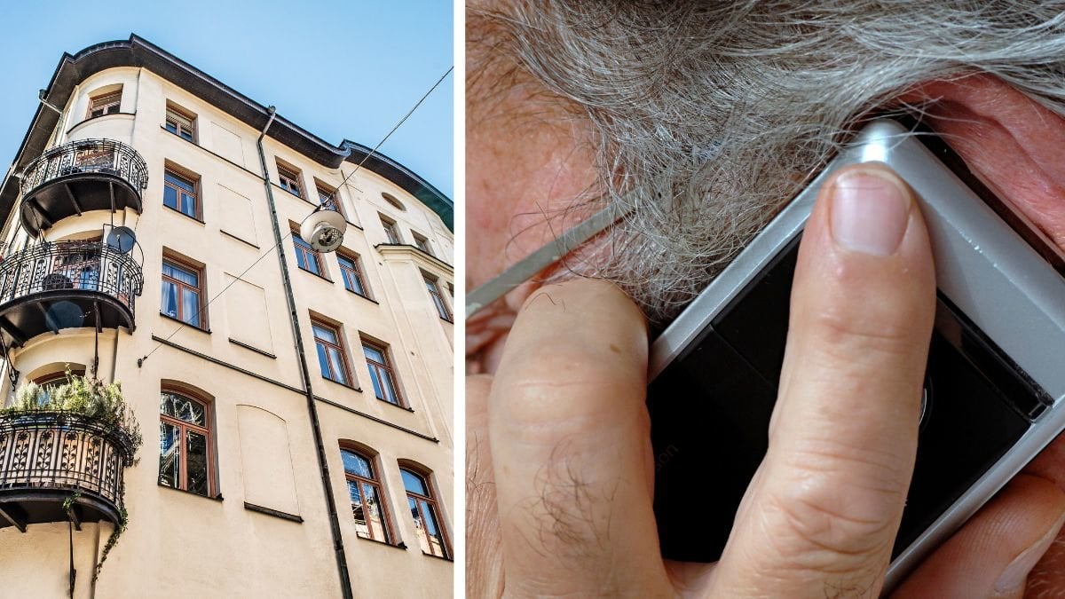 Bostadshus och en man som pratar i telefon.