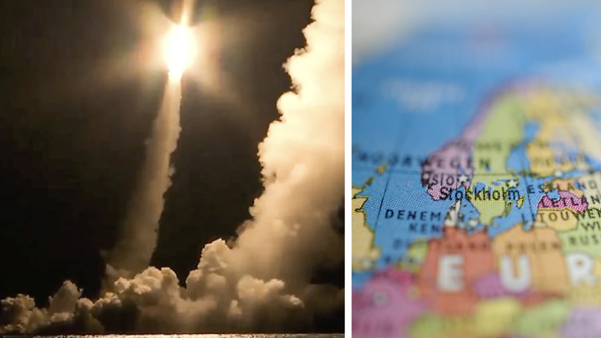 Foto från december 2020 den ryska försvarsmakten som uppges visa när en interkontinental robot avfyras från en rysk ubåt i Ochotska havet.