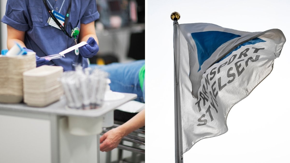 Bilden till vänster visar sjukhusmiljö. Bilden till höger visar en flagga med texten Transportstyrelsen.