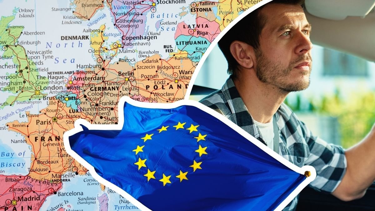 Europa-karta, EU-flagga och man som kör