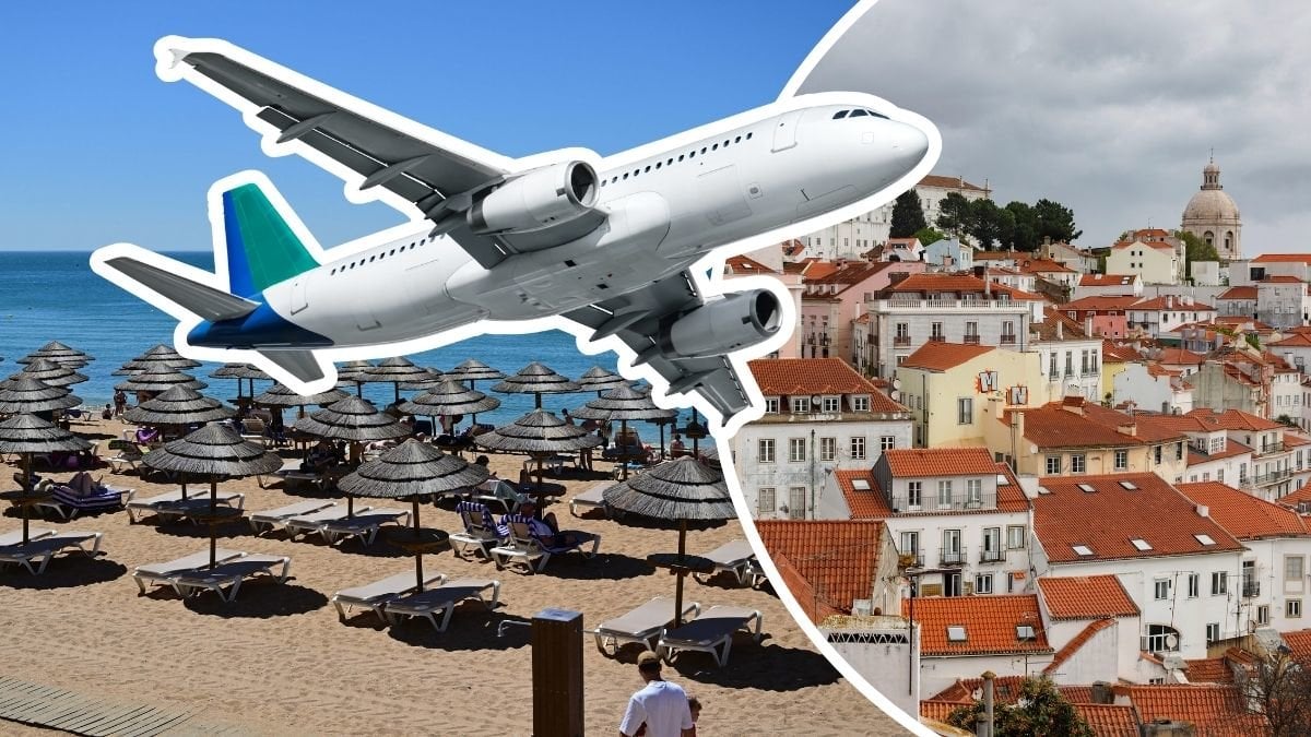 Strand i Portugal, flygplan och byggnader i Lissabon