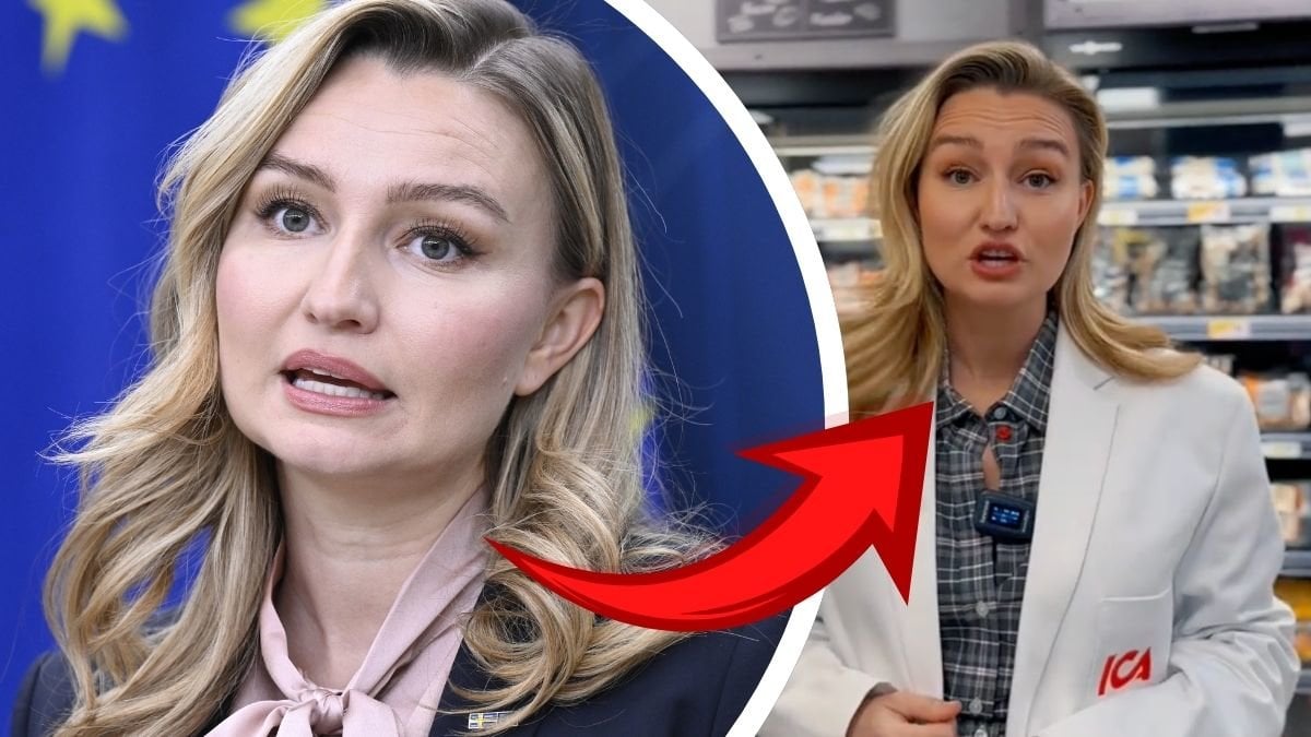 Ebba Bush närbild vänster. Bild på Ebba Busch i sin TikTok utklädd i Ica-kläder höger.