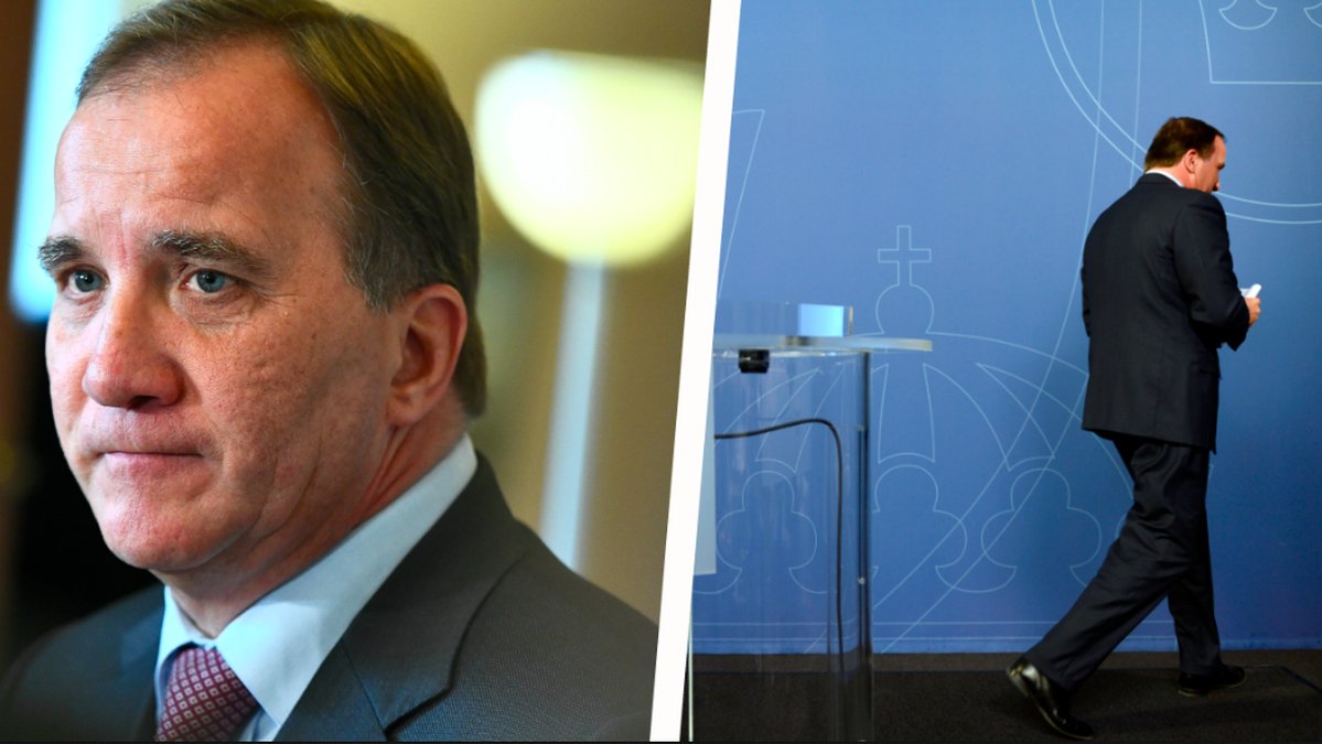 Två bilder på Stefan Löfven. Till höger lämnar han ett rum. Montage. 