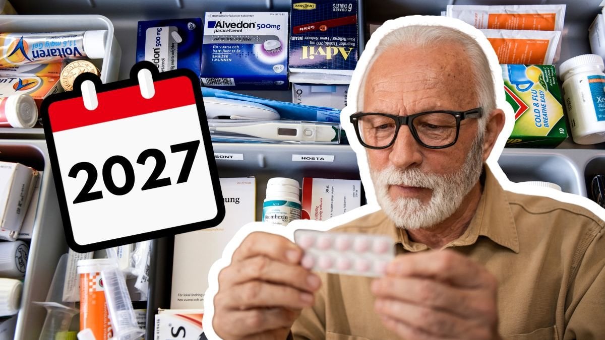 Lådor med läkemedel av olika slag och en äldre man med en pillerkarta