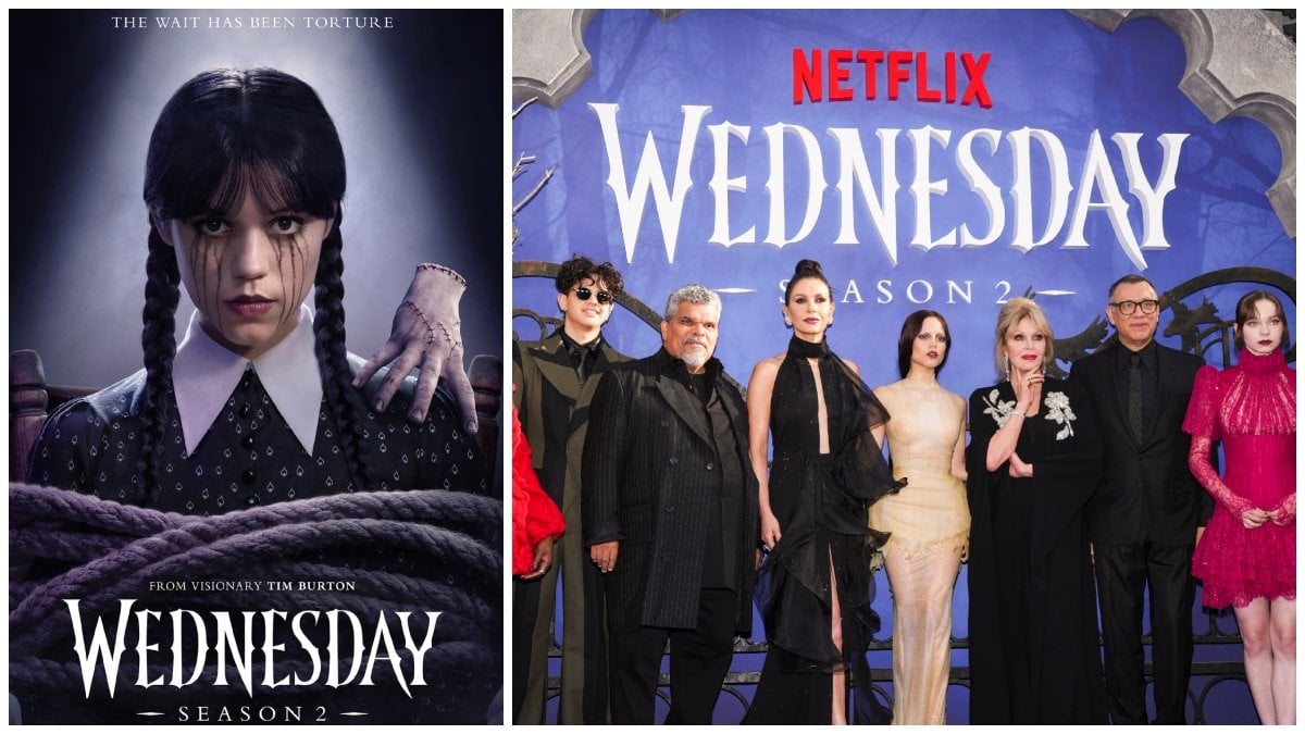 Omslaget till Wednesday säsong 2 och delar av casten till tv-serien på röda mattan