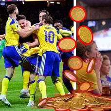 Svenska herrlandslaget vänster. Två tjejer i Sverigetröjor på en sportbar höger. Utklippta mynt som faller vänster. Hand som håller plånbok med sedalr utklippt höger.