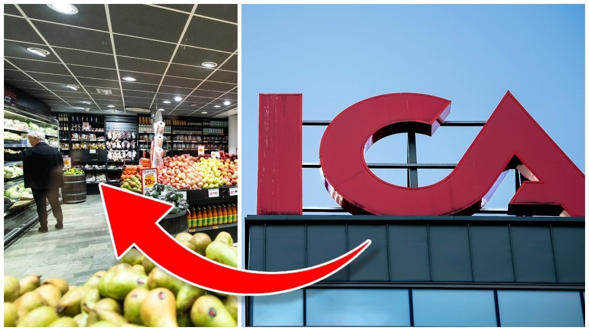 Frukt- och grönsaksavdelning på Ica och Icas skylt.