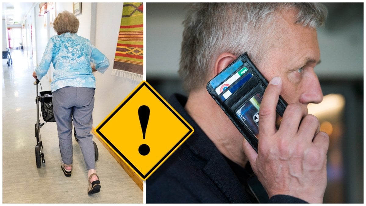 Äldre kvinna med rullator och en äldre man som pratar i telefon
