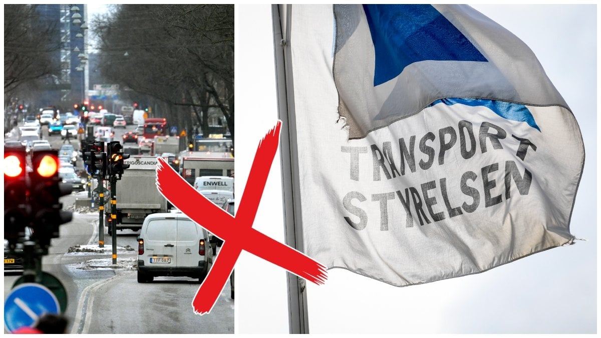 Biltrafik i Stockholms innerstad och Transportstyrelsens flagga.