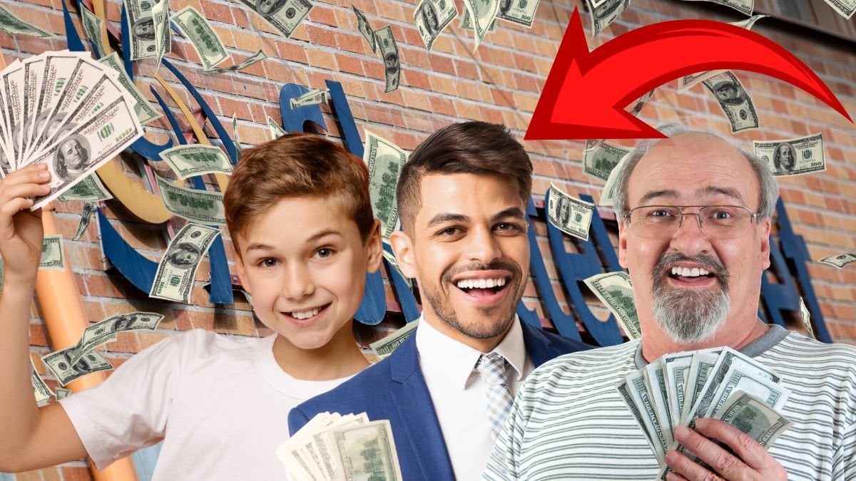 Skatteverket-skylt bakgrunden. Regnande pengar bakgrunden. en pojke som håller sedlar, en medelålders-man håller sedlar och en äldre man håller sedlar.