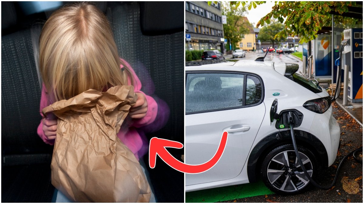Åksjuk i bilen och en elbil som laddas
