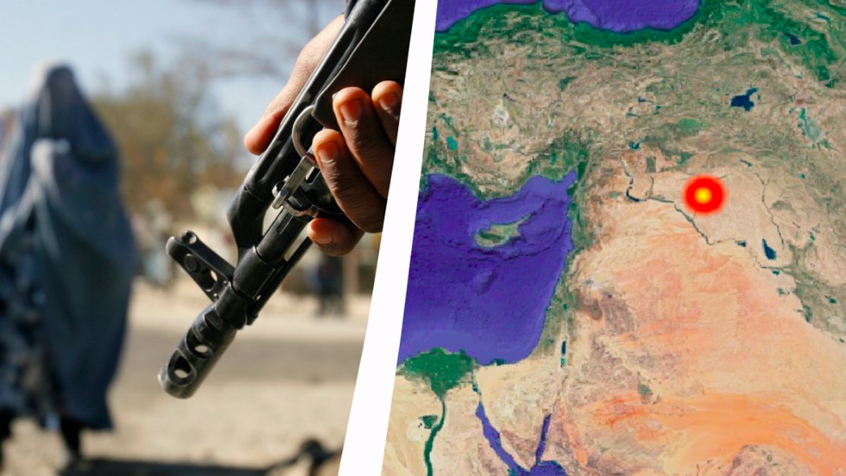 En kvinna i burka, till höger en karta över Syrien. 