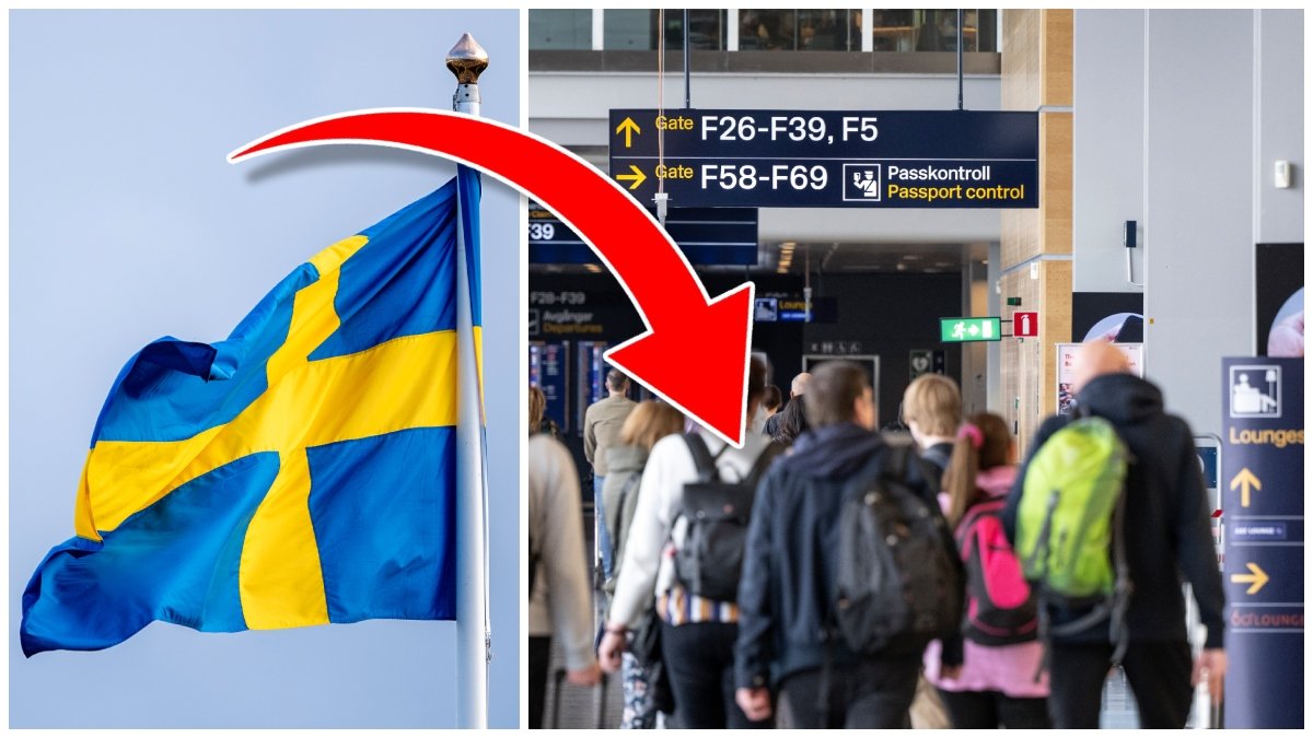 Sverigeflagga och resenärer på Arlanda flygplats