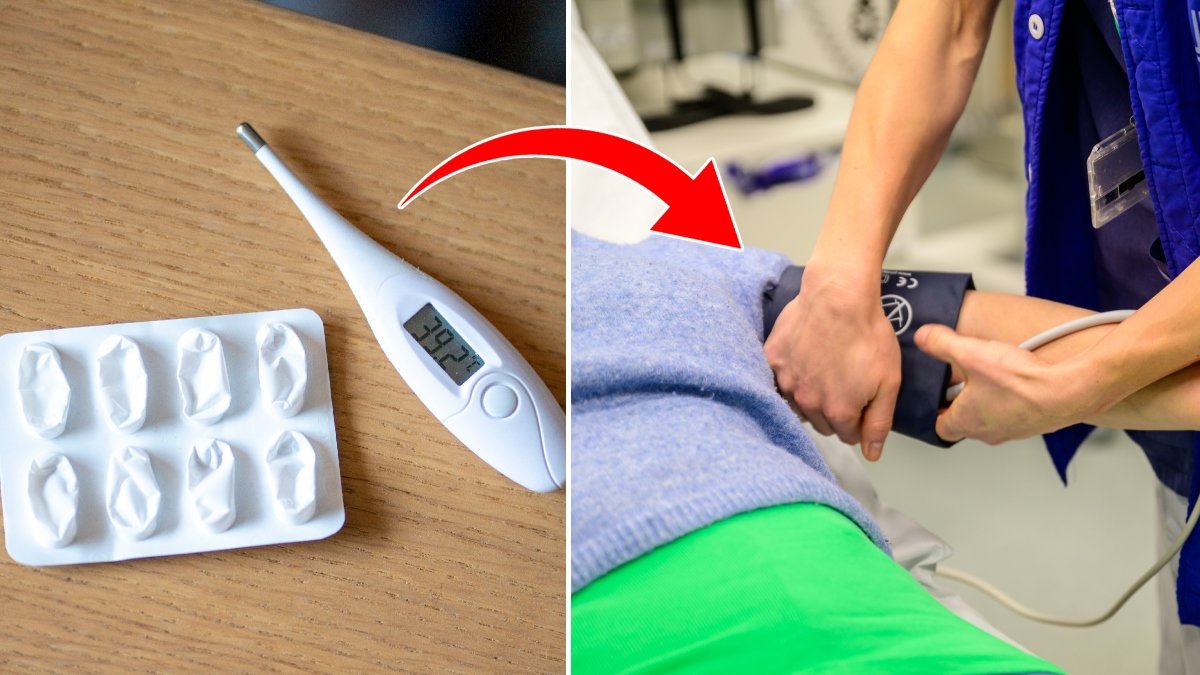 En karta piller tillsammans med en temperaturmätare och en person som tas hand om av vårdpersonal. 