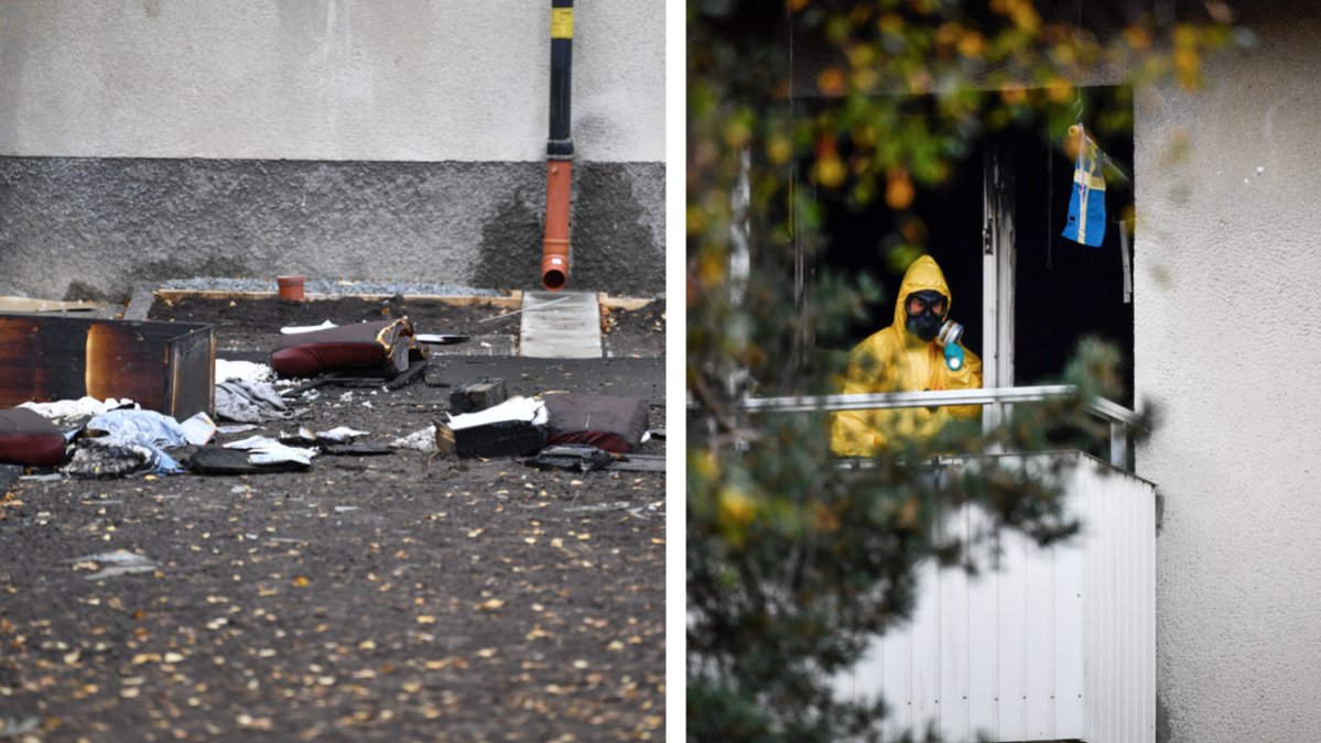 En brand utbröt i ett flerfamiljshus efter en explosion i Bagarmossen.