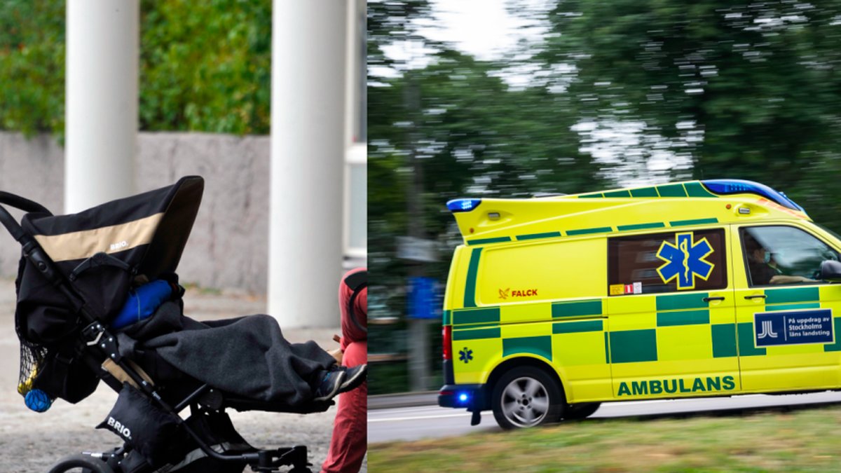 Kvinna och barn påkörda vid övergångsställe. Barnvagnen och ambulansen är inte samma som i artikeln.