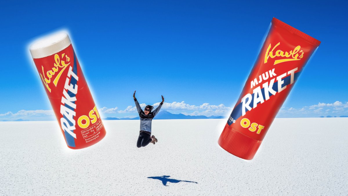 En glad tjej hoppar, omgiven av raketost.