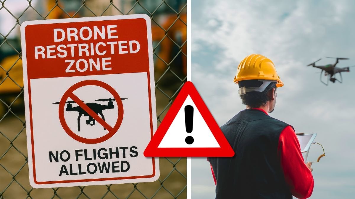 Förbud mot drönarflygning och en man som flyger med drönare.