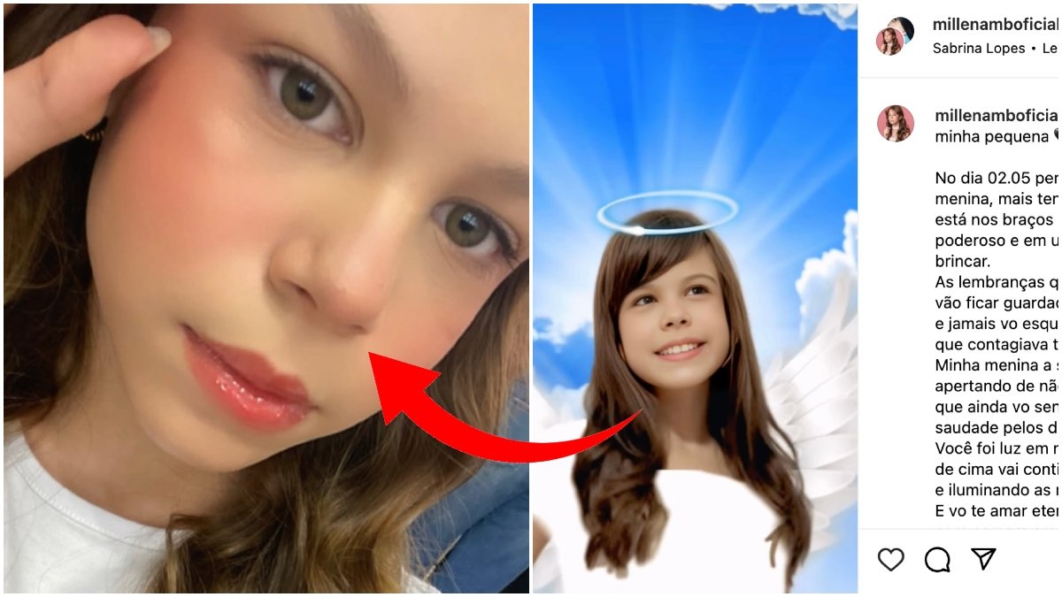 Millena Brandão med änglavingar och himmel bakgrund tittar upp mot skyn och ler.