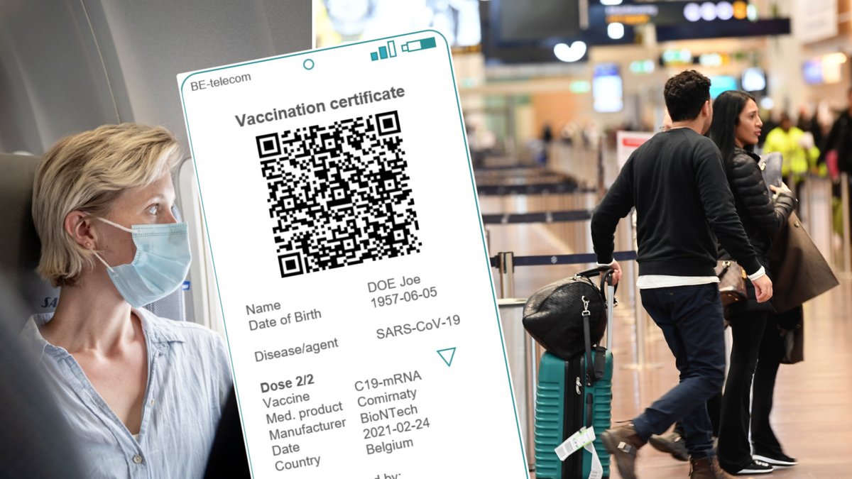 Kvinna med munskydd på plan, certifikatet och ett par med resväskor på Arlanda.