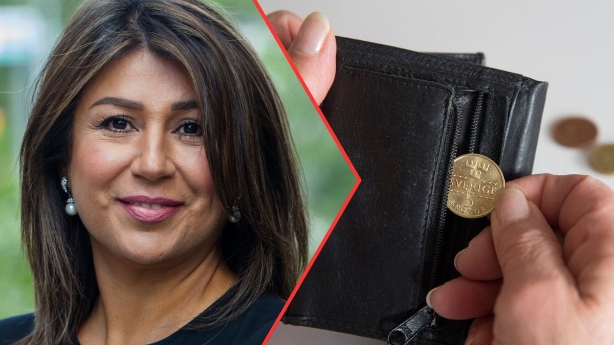 Pensionsekonomen Trifa Chireh och mynt i plånbok.