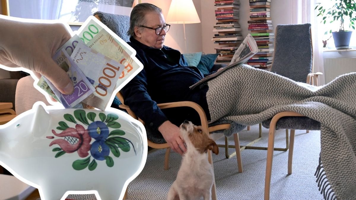 Spargris och en man i fåtölj.