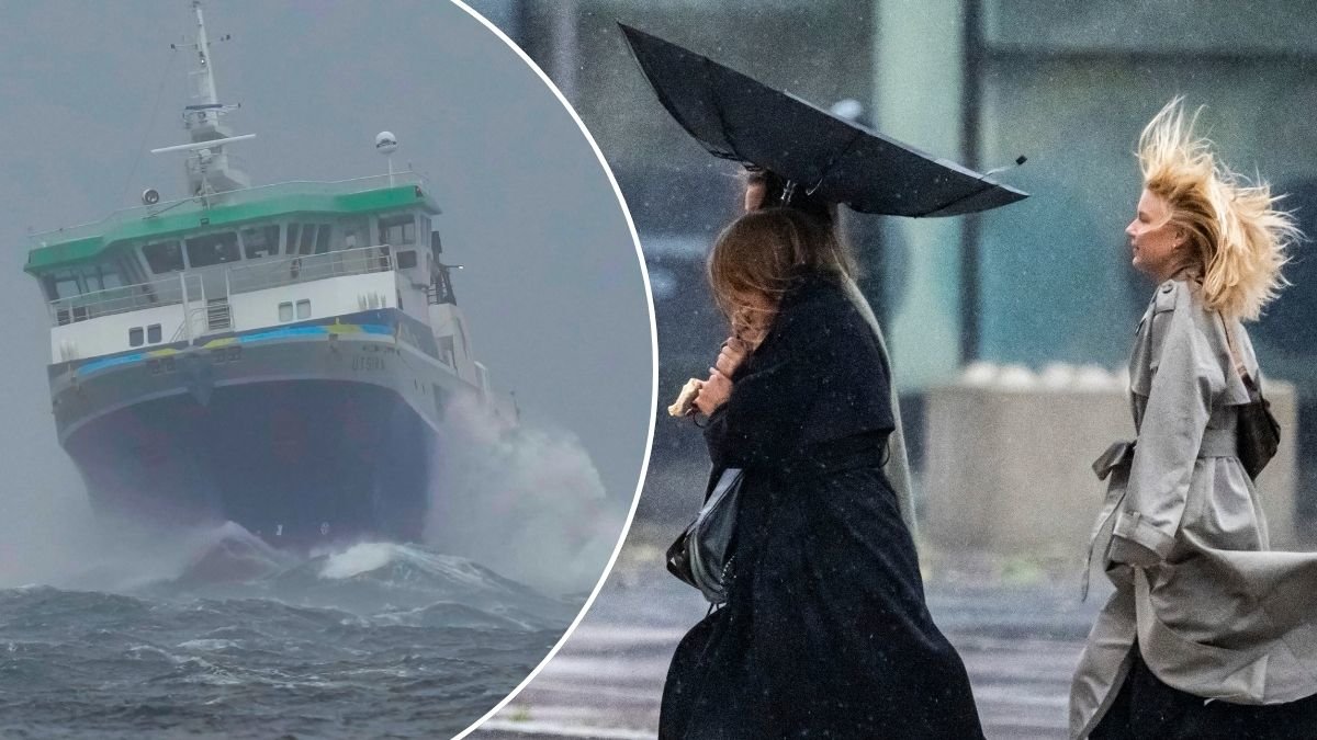 Bilder på blåst och höga vågor på havet.