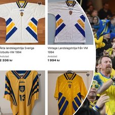 Fotbollströjor och Sverige-supportrar.