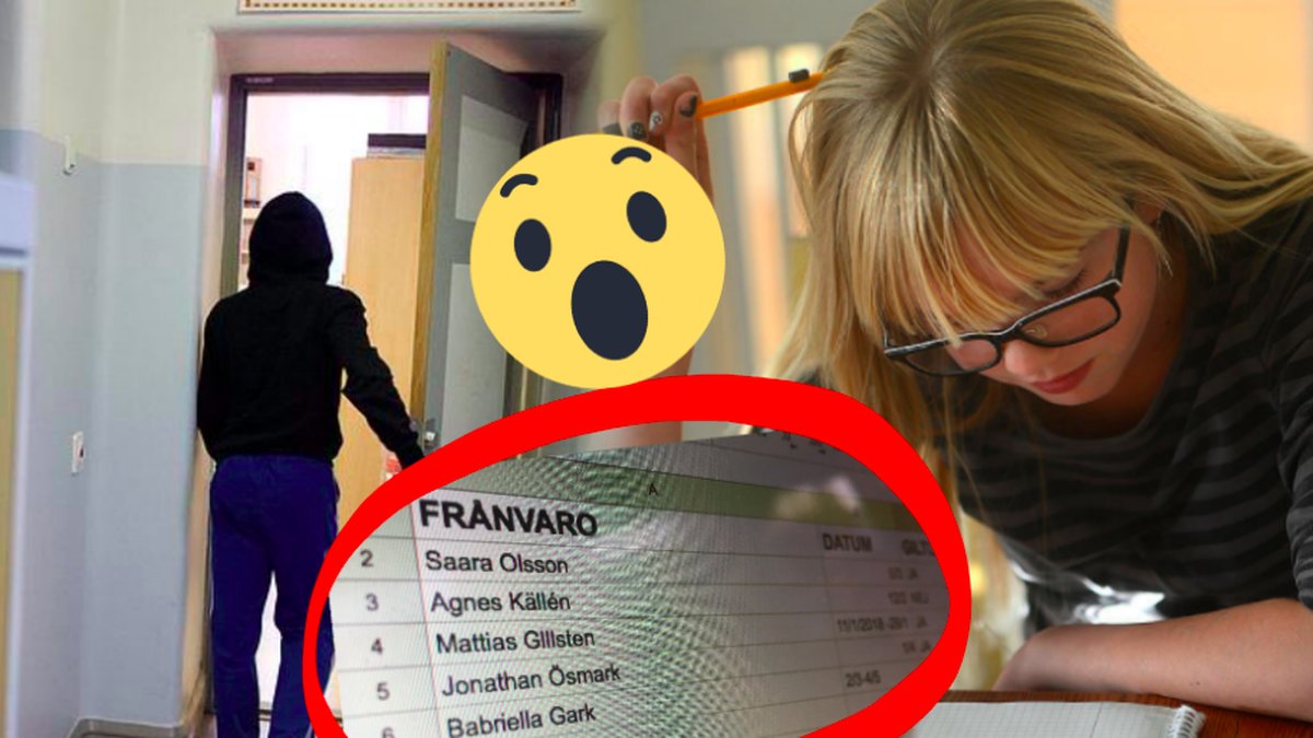 En skolkande ungdom, en tjej som gör läxorna och en inringad närvarolista. 