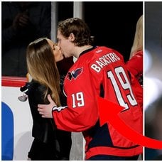 Nicklas Bäckström pussar Liza Berg och en närbild på hockeystjärnan.