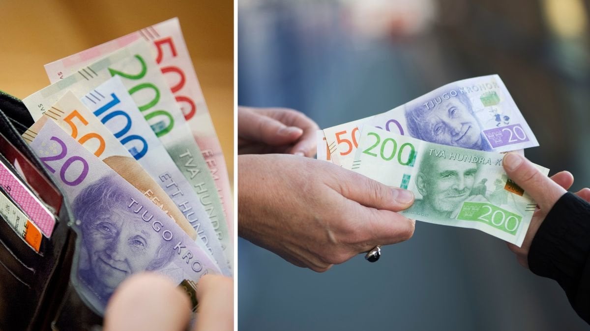 Pengar i en plånbok och en person som ger en annan person sedlar. 