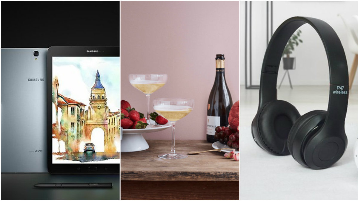 Ipad, champagneglas, hörlurar.