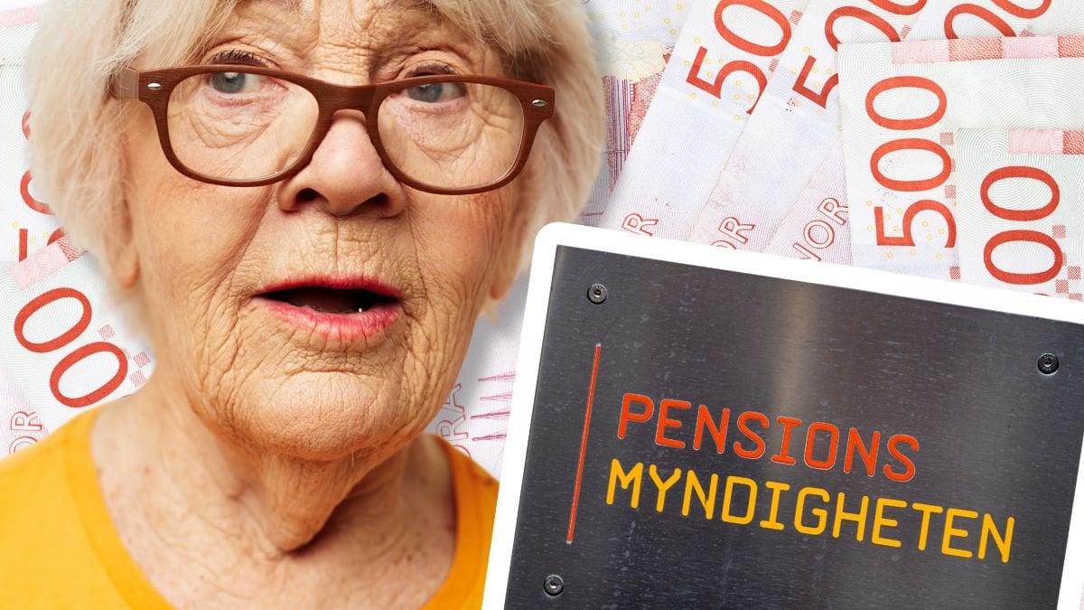 Äldre kvinna, svenska femhundralappar och Pensionsmyndighetens skylt