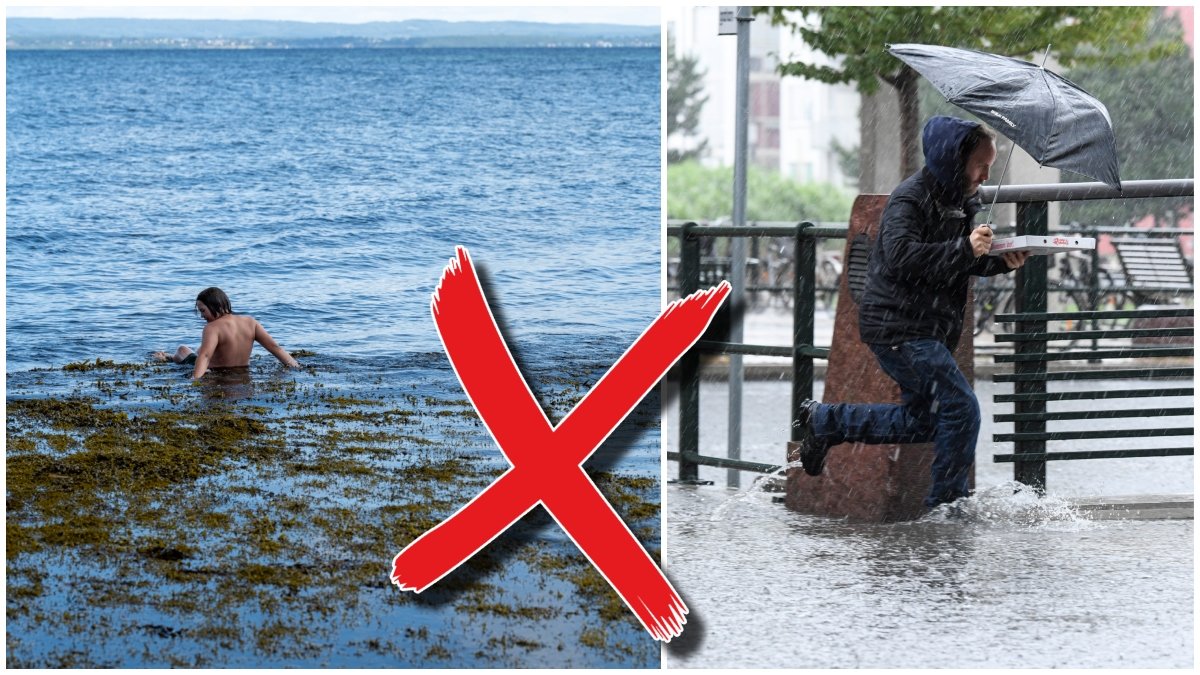 Pojke simmar i sjö och man springer med paraply i regnväder.