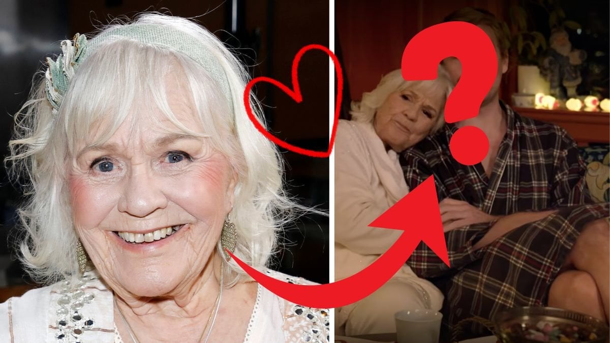 Christina Schollin till vänster. En bild på mannen och Christina i soffan till höger. En röd pil pekar på närbilden på Christina till bilden på Christina och mannen i soffan. Ett rött frågetecken täcker mannens ansikte.