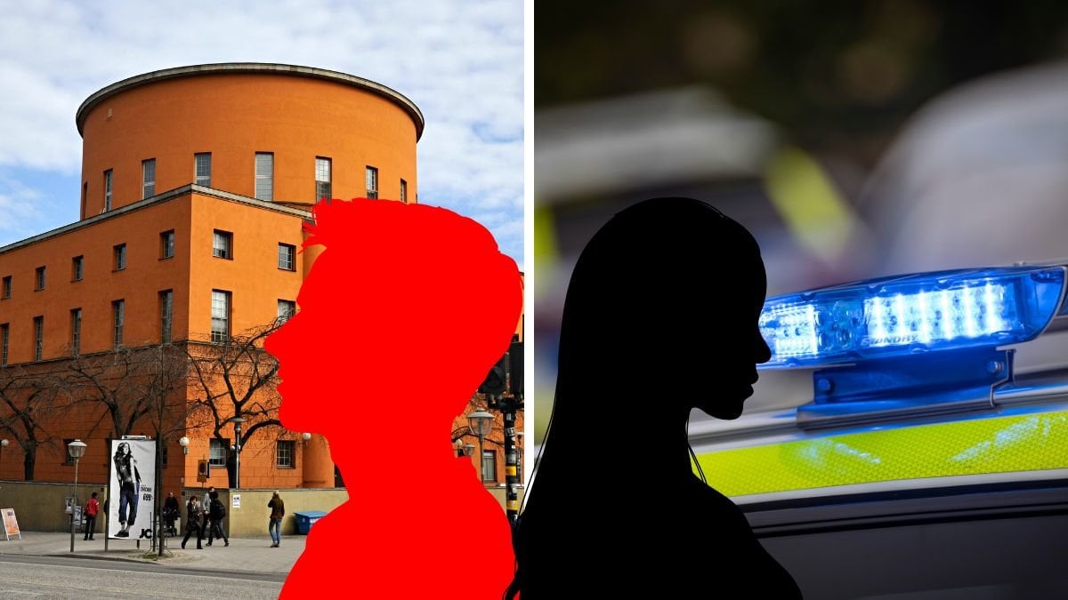 Stadsbiblioteket till vänster. Blåljus till höger. Röd man siluett till vänster, svart kvinna siluett till höger.