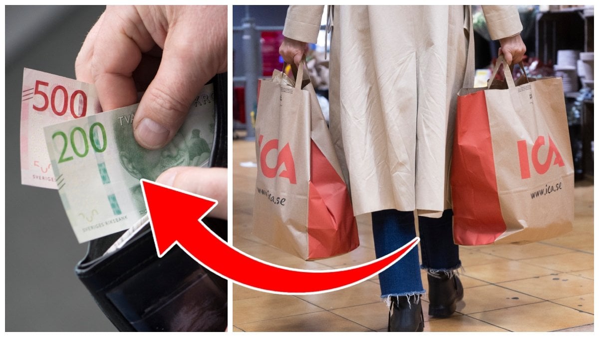 Plånbok med böcker och person som handlat på Ica.