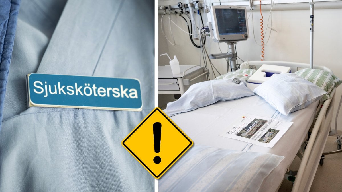 Sjuksköterska skylt och patientrum.