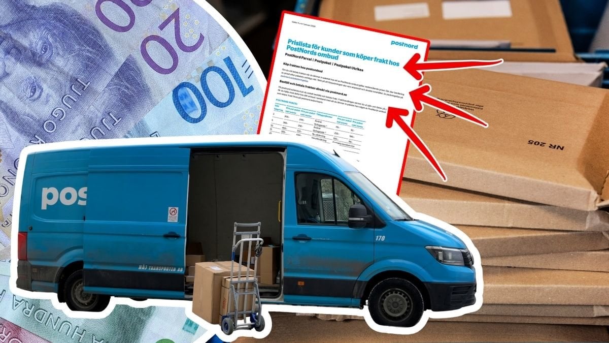 Postnord-bil som levererar paket, paket och svenska pengar
