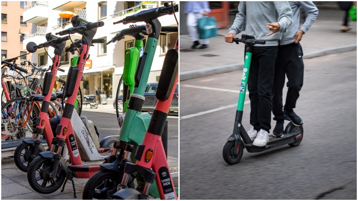 Elsparkcyklar i Stockholm och två pojkar som åker elsparkcykel
